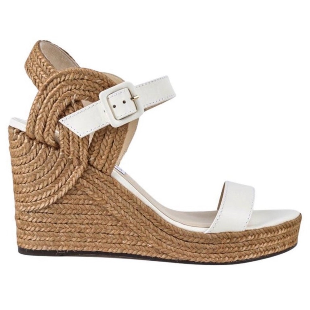 Jimmy Choo White Leather & Natural Woven Espadrille Wedge Sandals